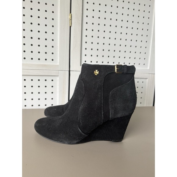 Tory Burch Black Suede Leather Milan Wedge Ankle Booties Boots 8M - Picture 1 of 9
